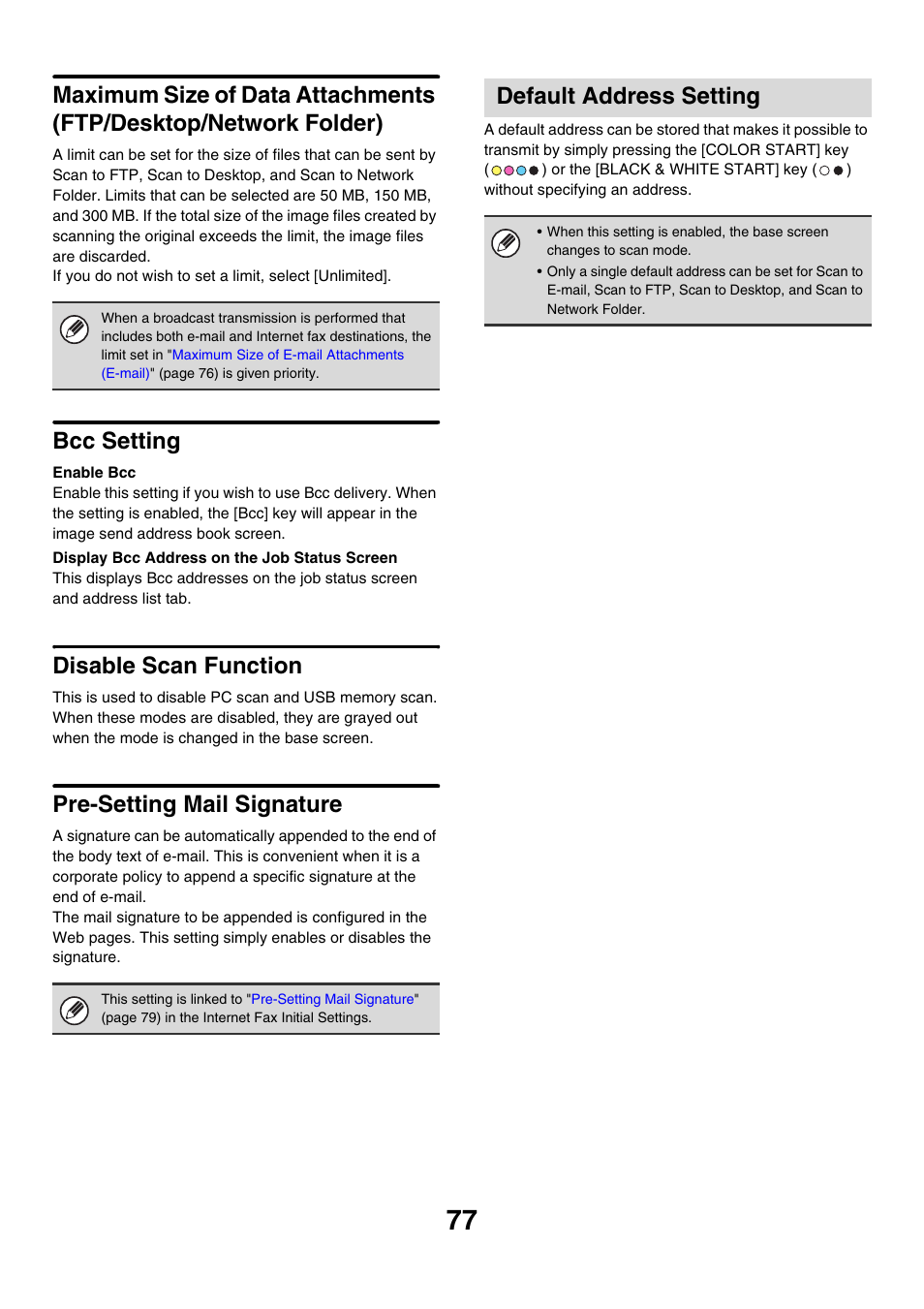 Default address setting, 77) o, Bcc setting | Disable scan function, Pre-setting mail signature | Sharp MX-7001 User Manual | Page 680 / 710