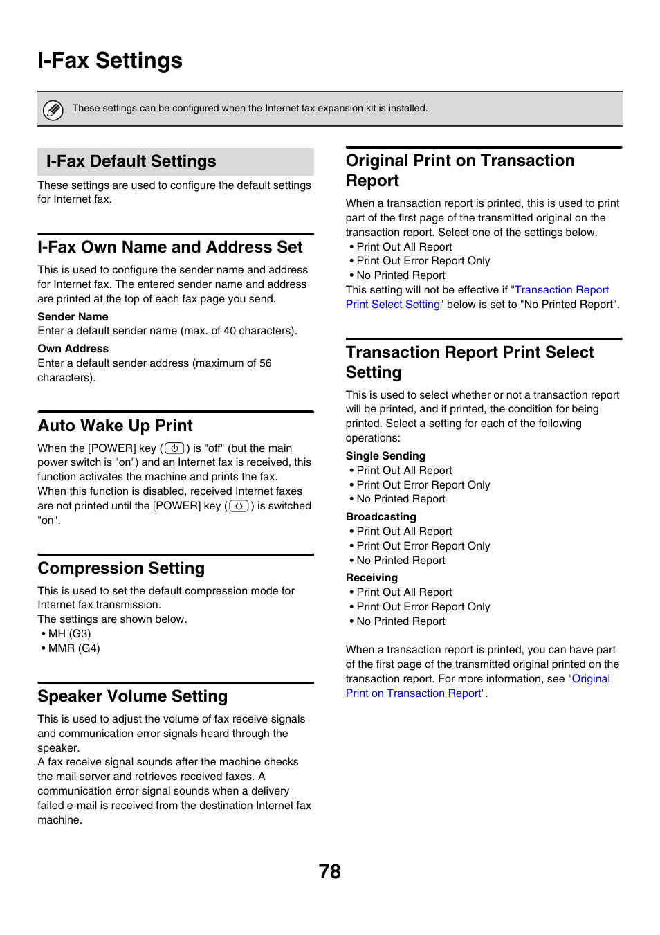 I-fax settings, I-fax default settings, I-fax own name and address set | Auto wake up print, Compression setting, Speaker volume setting, Original print on transaction report, Transaction report print select setting | Sharp MX-7001 User Manual | Page 681 / 710