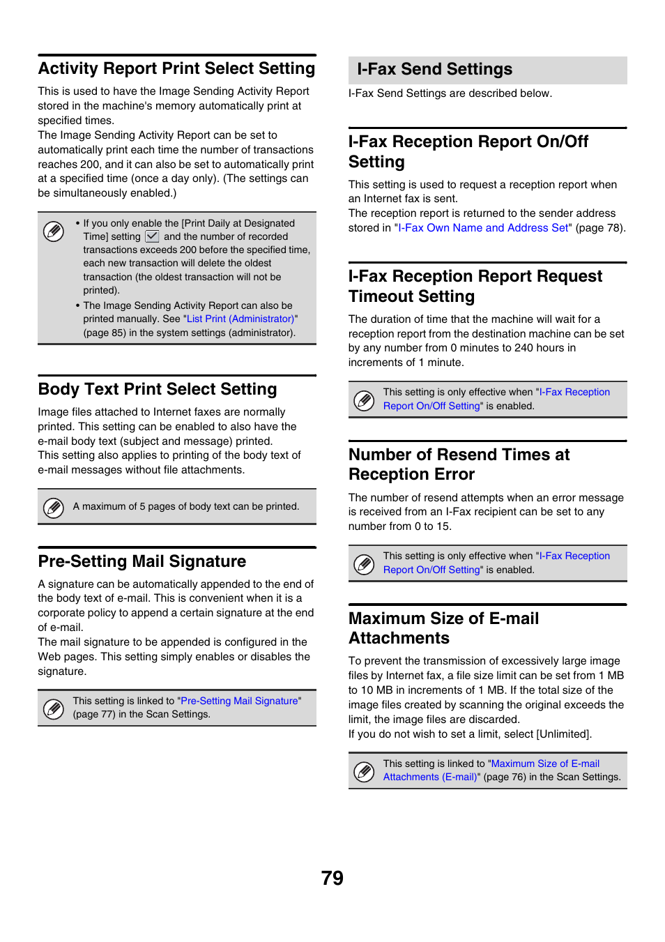 Activity report print select setting, Body text print select setting, Pre-setting mail signature | I-fax send settings, I-fax reception report on/off setting, I-fax reception report request timeout setting, Number of resend times at reception error, Maximum size of e-mail attachments, D to, Maximum size of e-mail | Sharp MX-7001 User Manual | Page 682 / 710