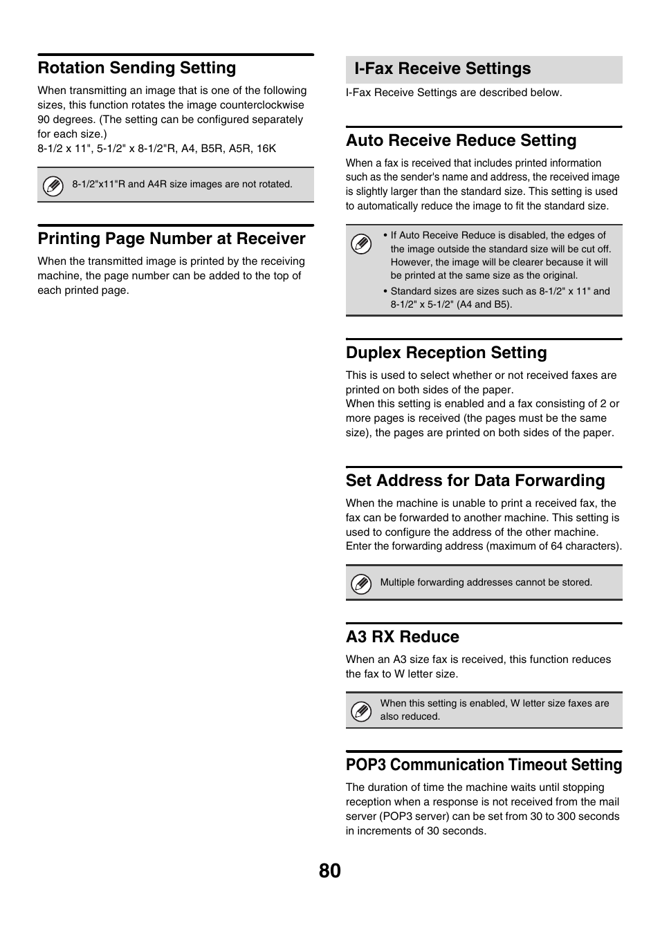 Set address for data forwarding, Age 80, Rotation sending setting | I-fax receive settings, Auto receive reduce setting, Duplex reception setting, A3 rx reduce, Pop3 communication timeout setting, Printing page number at receiver | Sharp MX-7001 User Manual | Page 683 / 710