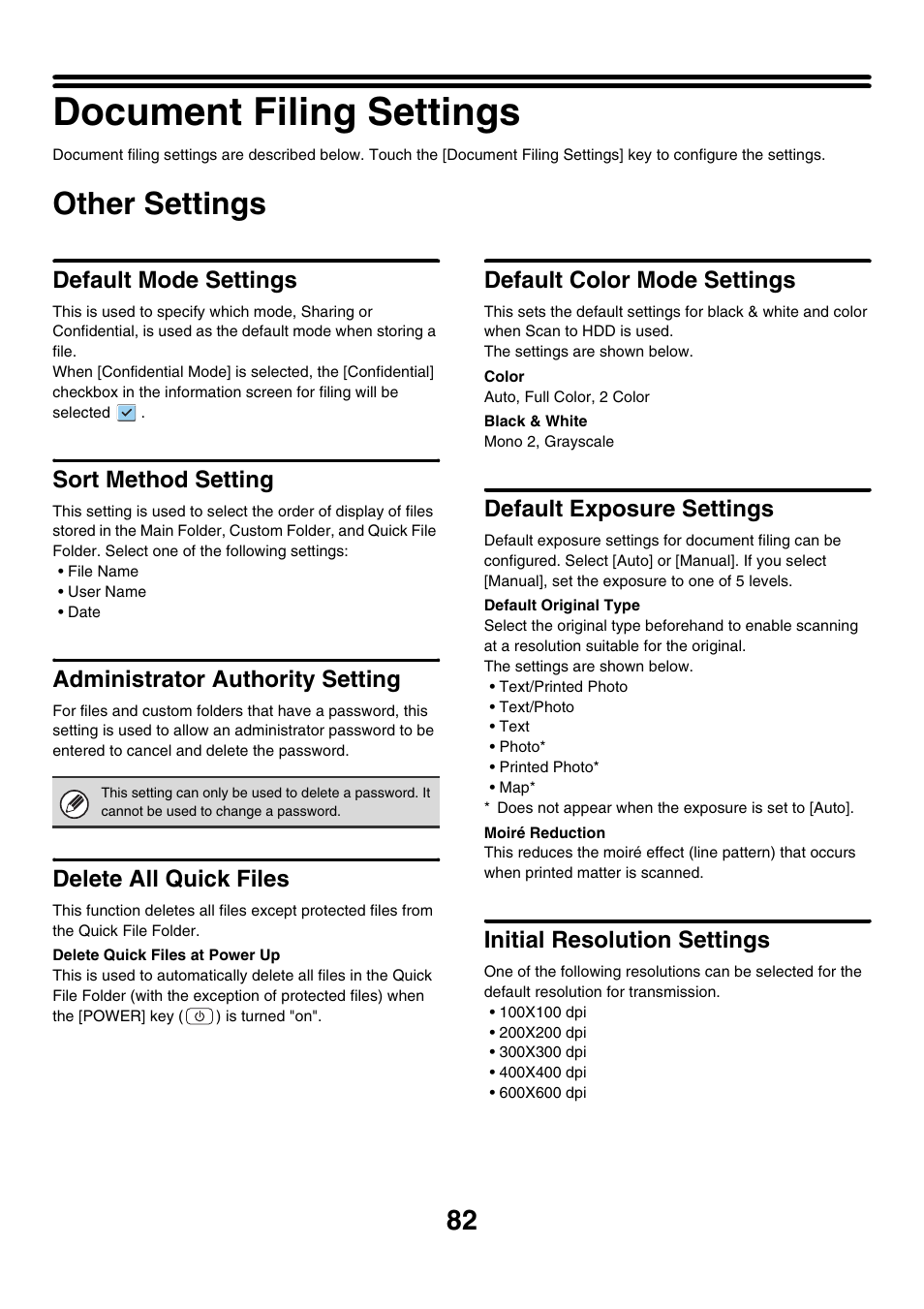 Document filing settings, Other settings, Default mode settings | Sort method setting, Administrator authority setting, Delete all quick files, Default color mode settings, Default exposure settings, Initial resolution settings | Sharp MX-7001 User Manual | Page 685 / 710