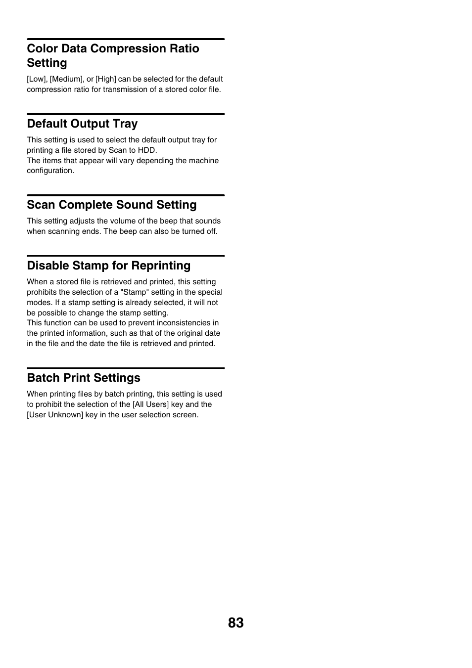 Color data compression ratio setting, Default output tray, Scan complete sound setting | Disable stamp for reprinting, Batch print settings | Sharp MX-7001 User Manual | Page 686 / 710
