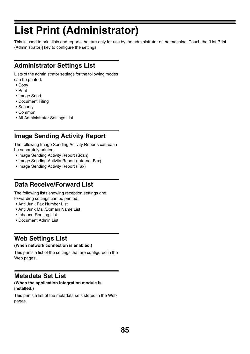List print (administrator), Administrator settings list, Image sending activity report | Data receive/forward list, Web settings list, Metadata set list | Sharp MX-7001 User Manual | Page 688 / 710