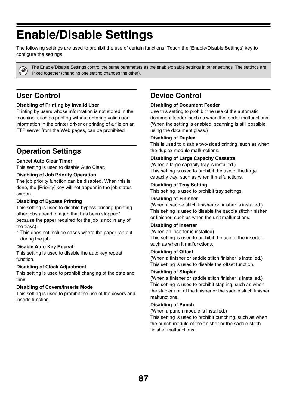 Enable/disable settings, User control, Disabling of printing by invalid user | Operation settings, Cancel auto clear timer, Disabling of job priority operation, Disabling of bypass printing, Disable auto key repeat, Disabling of clock adjustment, Disabling of covers/inserts mode | Sharp MX-7001 User Manual | Page 690 / 710
