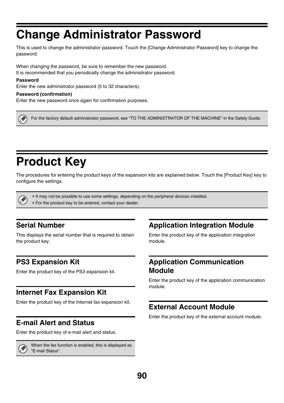 Change administrator password, Product key, Serial number | Ps3 expansion kit, Internet fax expansion kit, E-mail alert and status, Application integration module, Application communication module, External account module | Sharp MX-7001 User Manual | Page 693 / 710