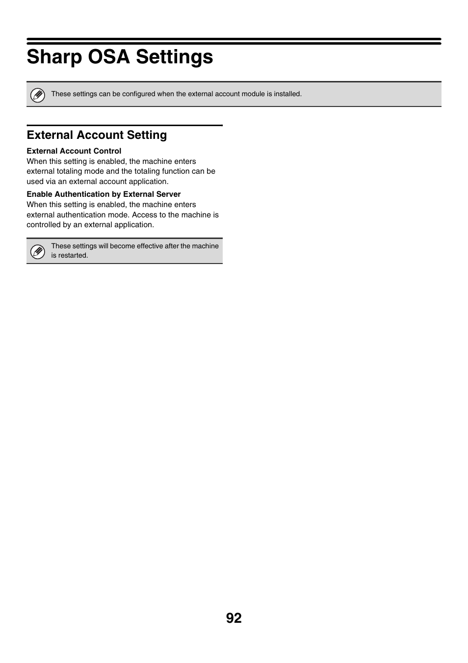Sharp osa settings, External account setting, External account control | Enable authentication by external server | Sharp MX-7001 User Manual | Page 695 / 710