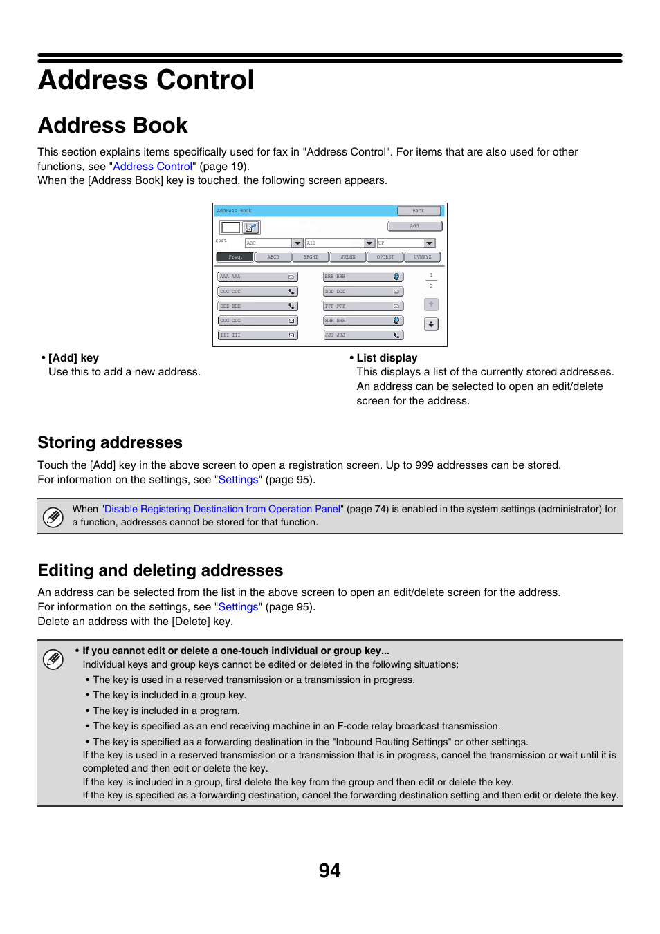 Address control, Address book, Storing addresses | Editing and deleting addresses | Sharp MX-7001 User Manual | Page 697 / 710