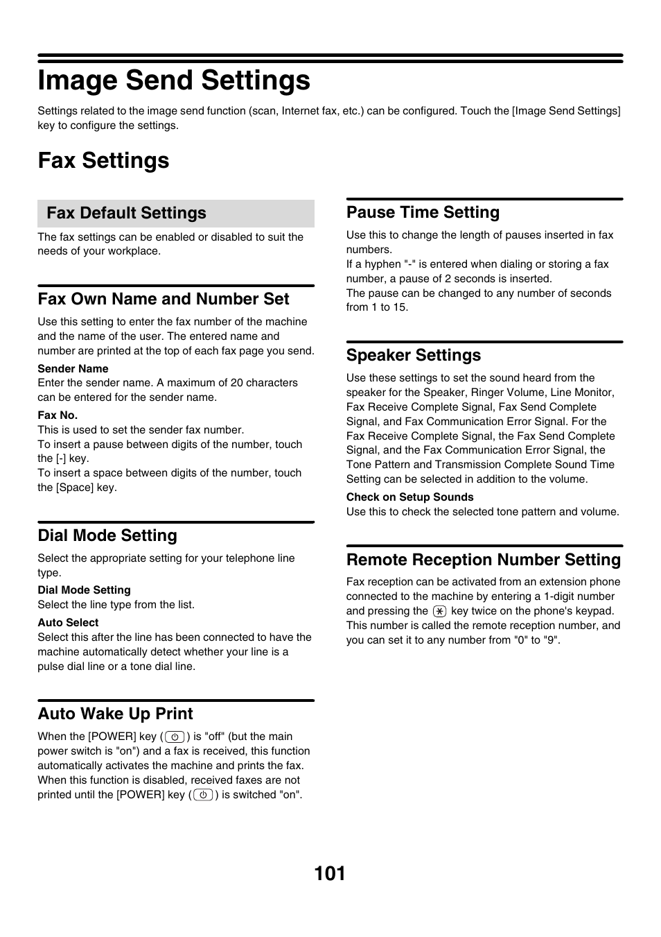 Image send settings, Fax settings, Fax default settings | Fax own name and number set, Dial mode setting, Auto wake up print, Pause time setting, Speaker settings, Remote reception number setting | Sharp MX-7001 User Manual | Page 704 / 710