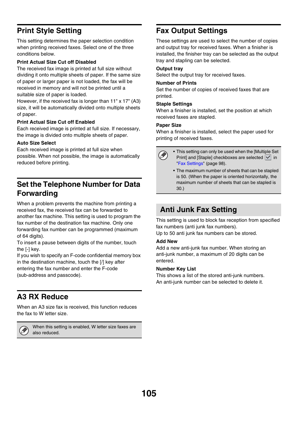 Fax output settings, E 105), Ing settings are set in | Set the telephone number for data forwarding, Print style setting, A3 rx reduce, Anti junk fax setting | Sharp MX-7001 User Manual | Page 708 / 710