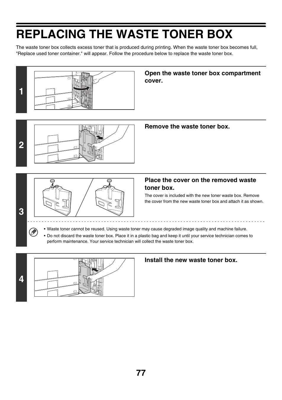 Replacing the waste toner box | Sharp MX-7001 User Manual | Page 77 / 710