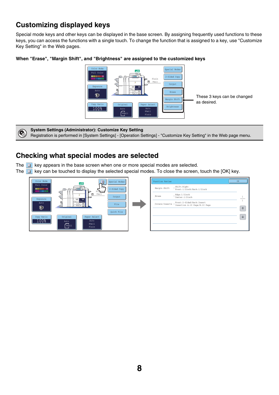 Customizing displayed keys, E 8), Checking what special modes are selected | These 3 keys can be changed as desired | Sharp MX-7001 User Manual | Page 89 / 710