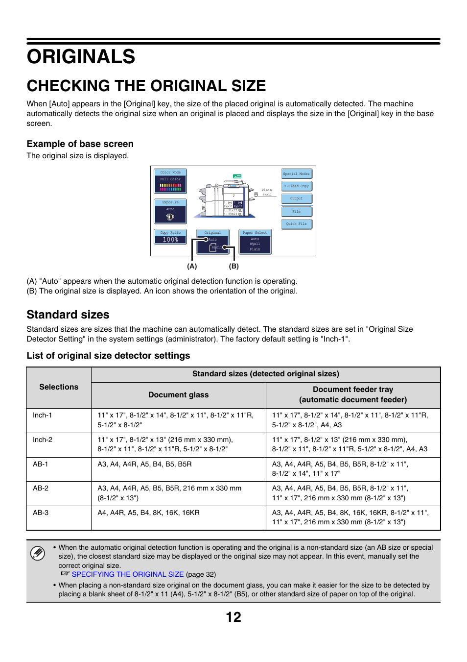 Originals, Checking the original size, Standard sizes | Example of base screen, List of original size detector settings | Sharp MX-7001 User Manual | Page 93 / 710