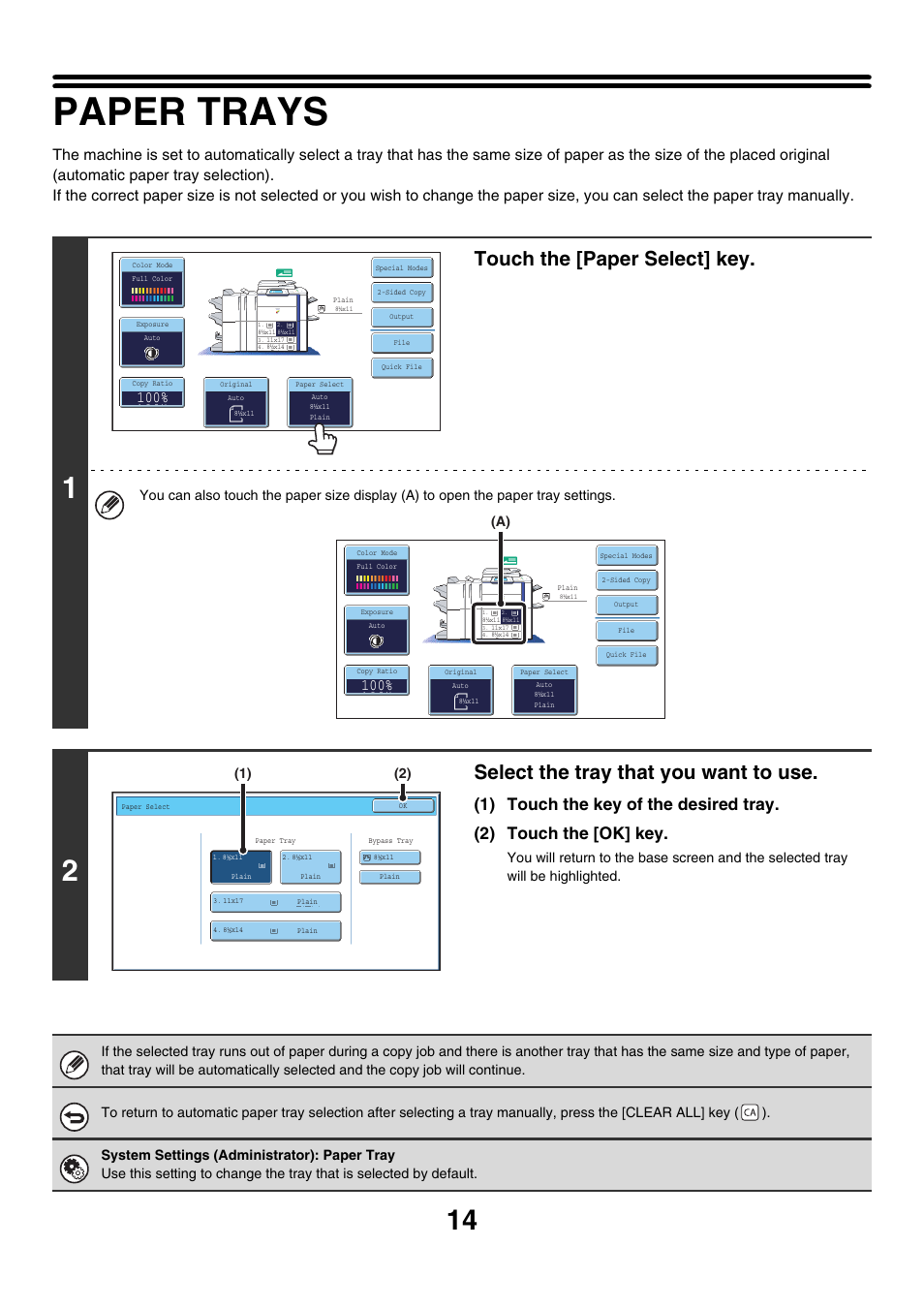 Paper trays, E 14, Touch the [paper select] key | Select the tray that you want to use | Sharp MX-7001 User Manual | Page 95 / 710