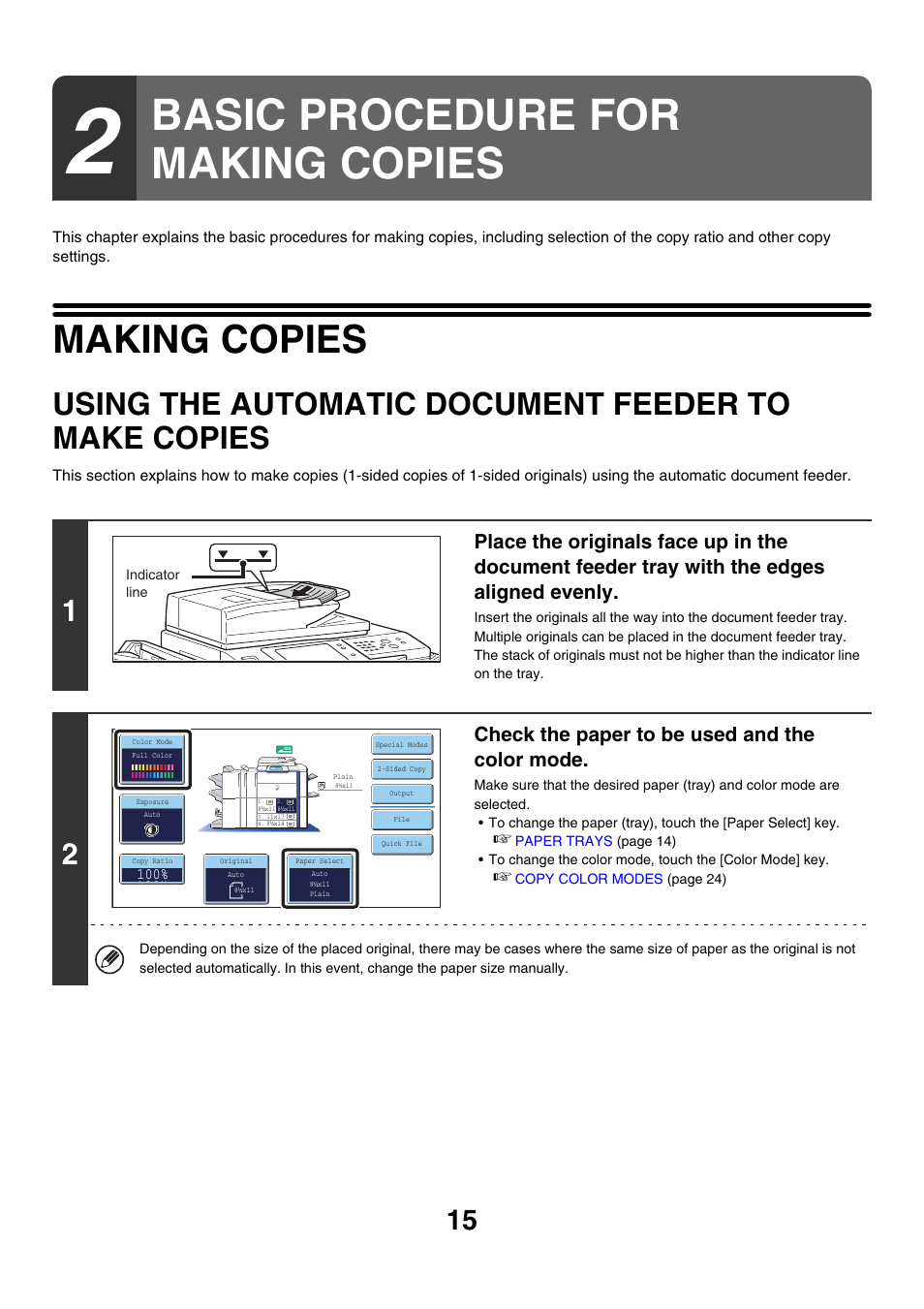 Basic procedure for making copies, Making copies, Using the automatic document | Feeder to make copies, Using the automatic document feeder to make copies, Check the paper to be used and the color mode | Sharp MX-7001 User Manual | Page 96 / 710