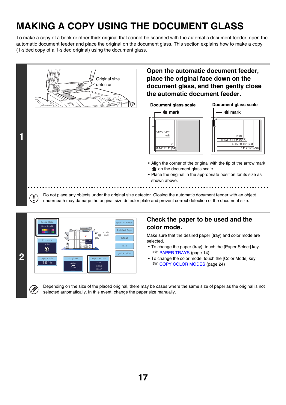 Making a copy using the document, Glass, Making a copy using the document glass | Check the paper to be used and the color mode | Sharp MX-7001 User Manual | Page 98 / 710