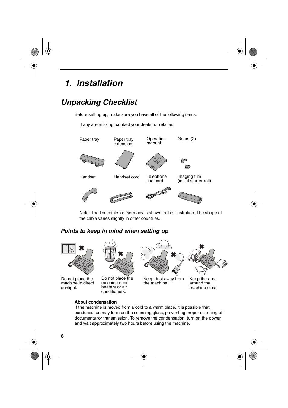 Installation, Unpacking checklist | Sharp UX-P400 User Manual | Page 10 / 87