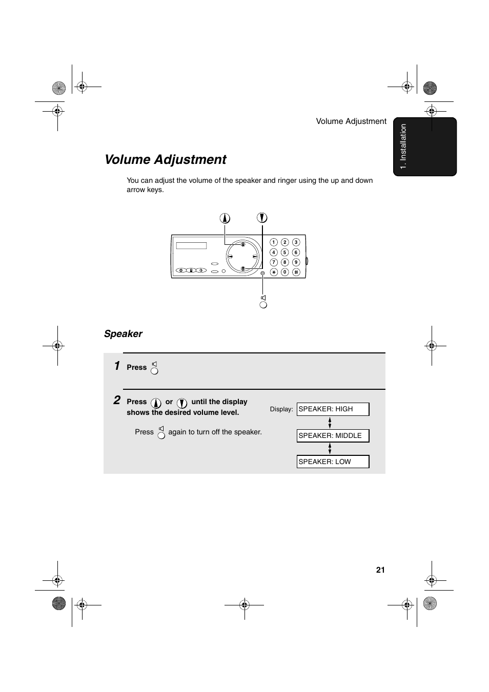 Volume adjustment, Speaker | Sharp UX-P400 User Manual | Page 23 / 87