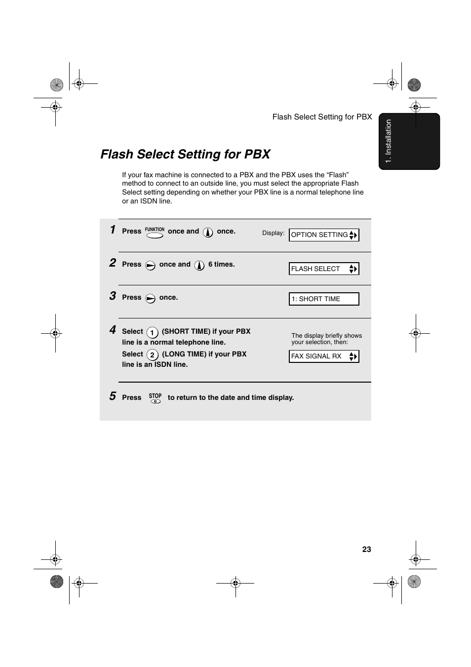 Flash select setting for pbx | Sharp UX-P400 User Manual | Page 25 / 87