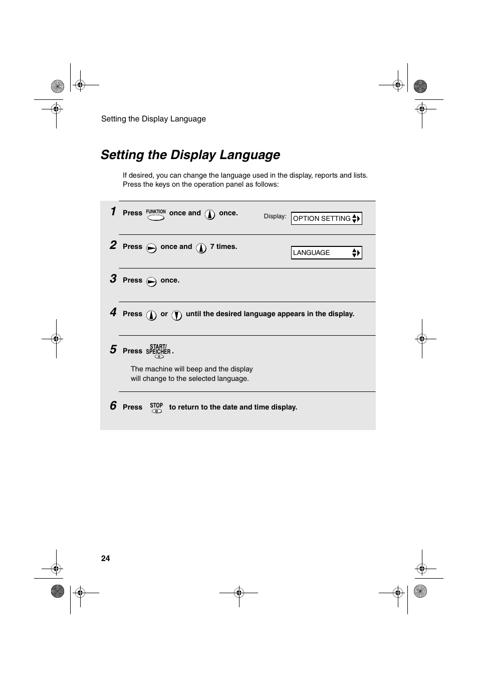 Setting the display language | Sharp UX-P400 User Manual | Page 26 / 87