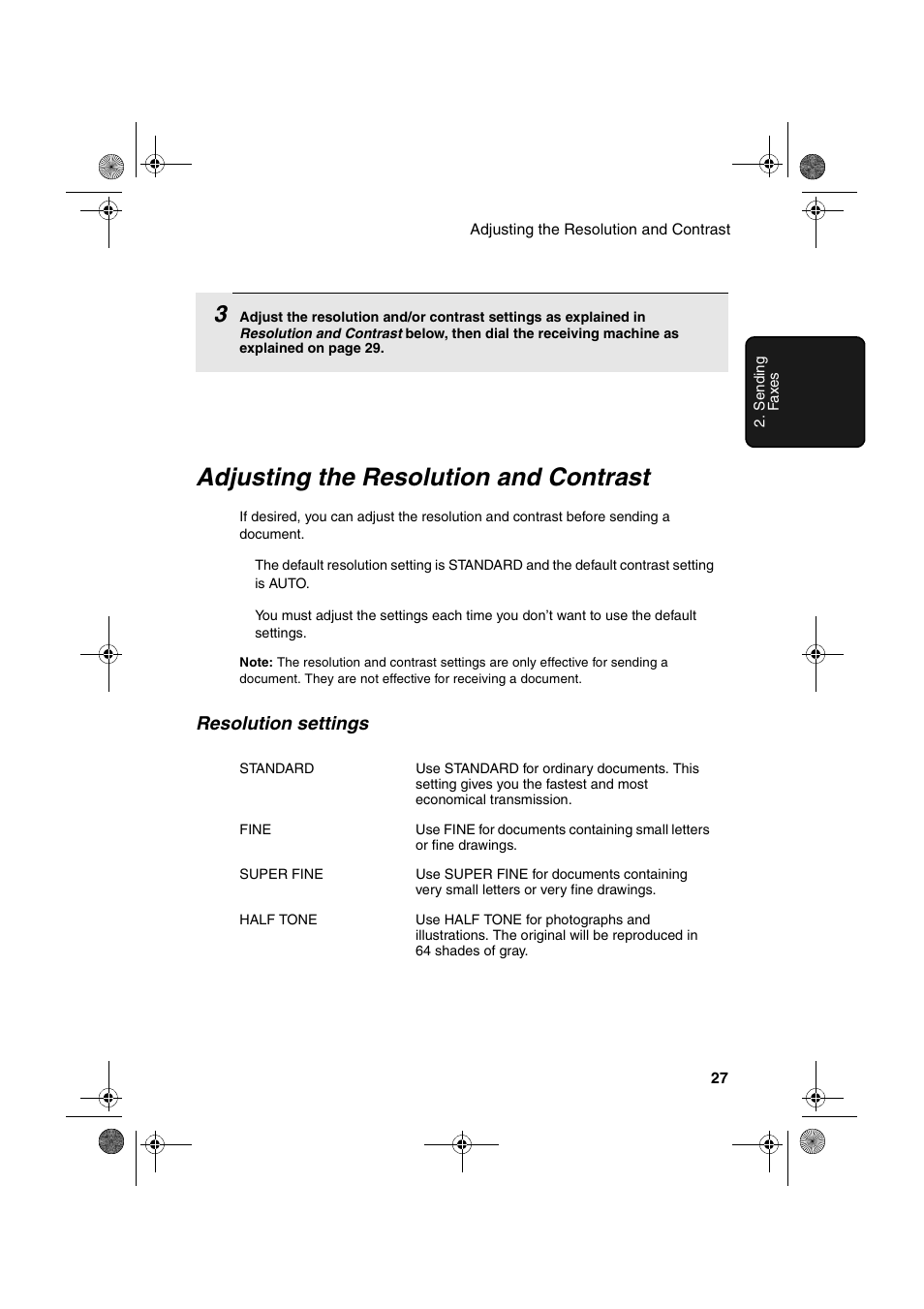 Adjusting the resolution and contrast, Resolution settings | Sharp UX-P400 User Manual | Page 29 / 87