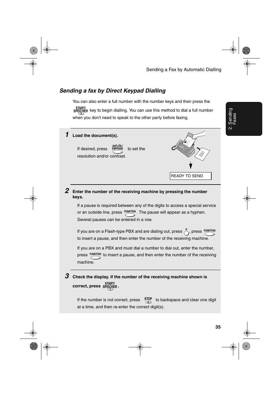 Sending a fax by direct keypad dialling | Sharp UX-P400 User Manual | Page 37 / 87