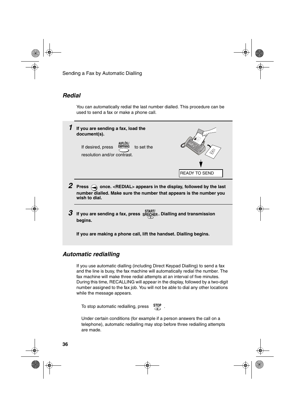 Redial, Automatic redialling | Sharp UX-P400 User Manual | Page 38 / 87