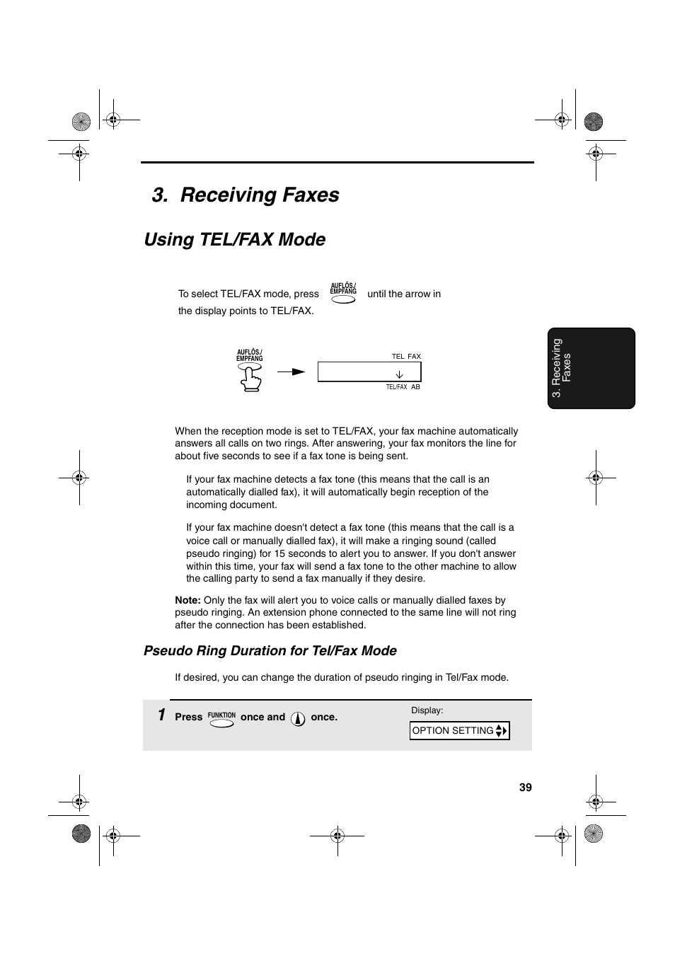 Receiving faxes, Using tel/fax mode, Pseudo ring duration for tel/fax mode | Sharp UX-P400 User Manual | Page 41 / 87