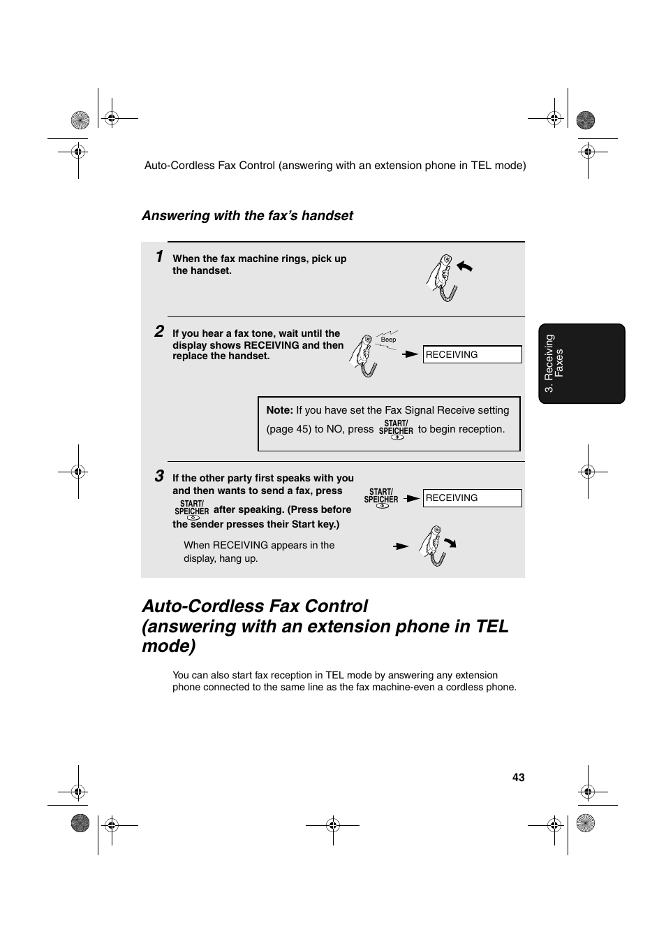 Answering with the fax’s handset | Sharp UX-P400 User Manual | Page 45 / 87