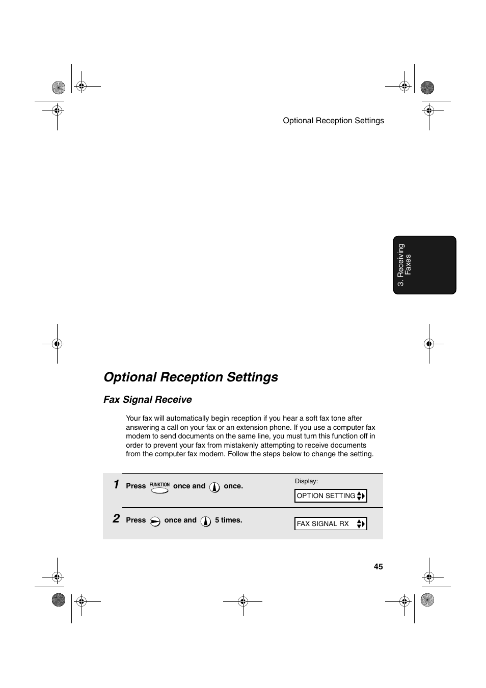 Optional reception settings, Fax signal receive | Sharp UX-P400 User Manual | Page 47 / 87