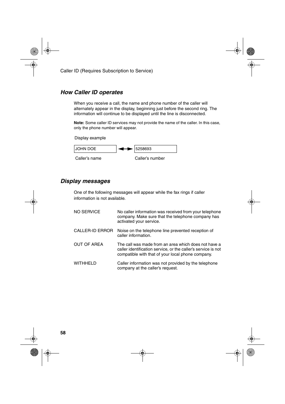 How caller id operates, Display messages | Sharp UX-P400 User Manual | Page 60 / 87