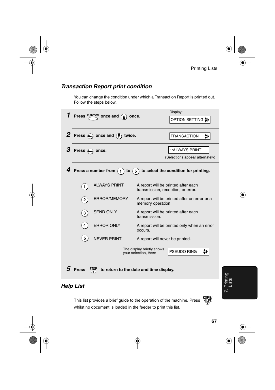 Transaction report print condition, Help list | Sharp UX-P400 User Manual | Page 69 / 87