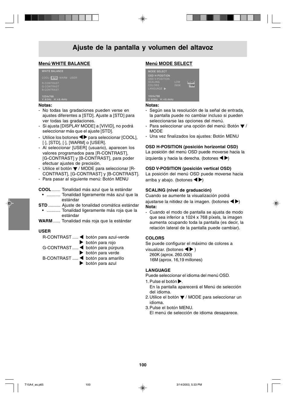 Ajuste de la pantalla y volumen del altavoz | Sharp LL-T15A4 User Manual | Page 100 / 108