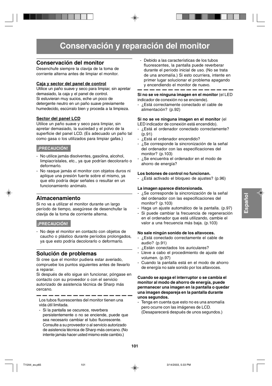Conservación y reparación del monitor, Conservación del monitor, Almacenamiento | Solución de problemas | Sharp LL-T15A4 User Manual | Page 101 / 108