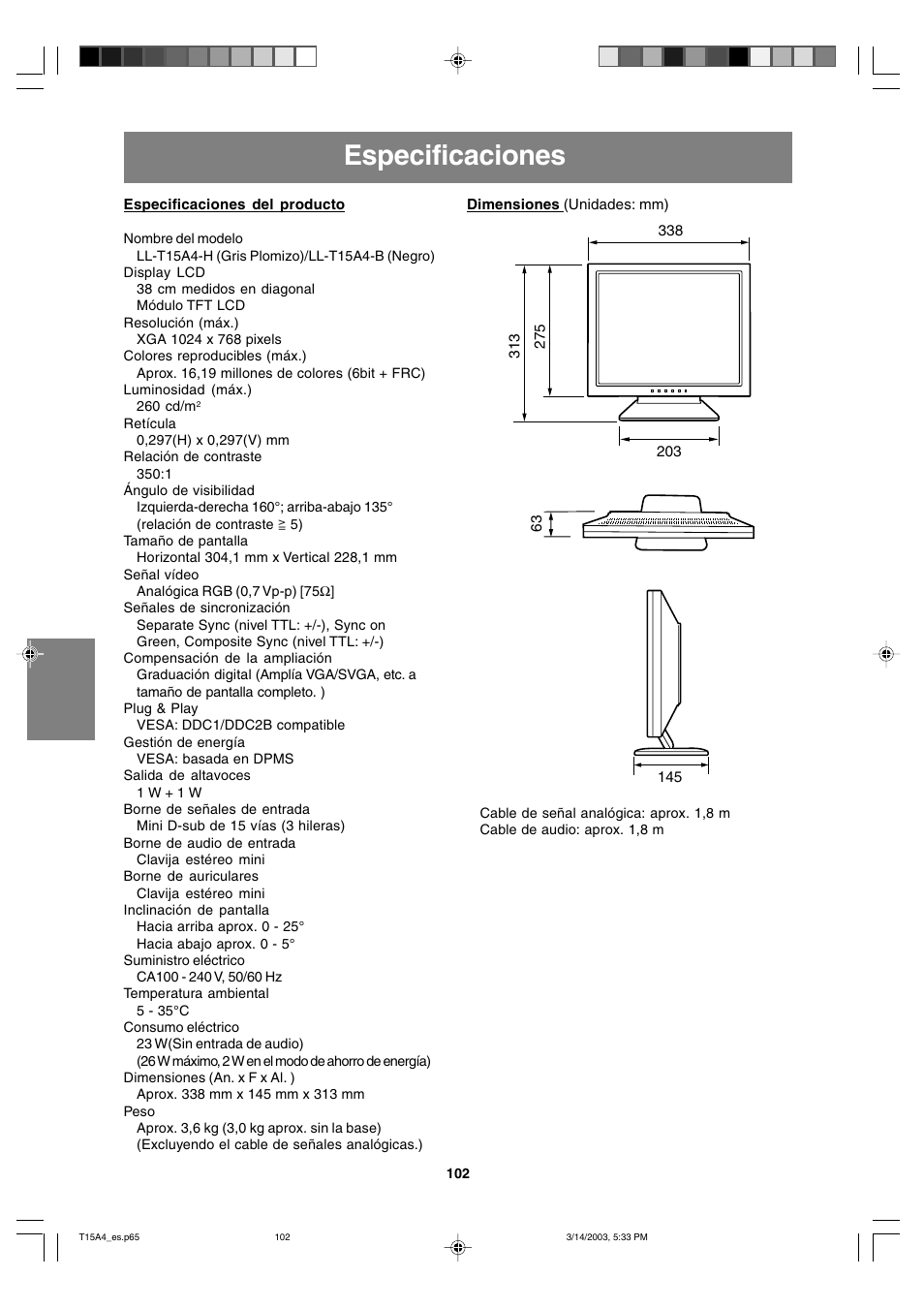 Especificaciones | Sharp LL-T15A4 User Manual | Page 102 / 108