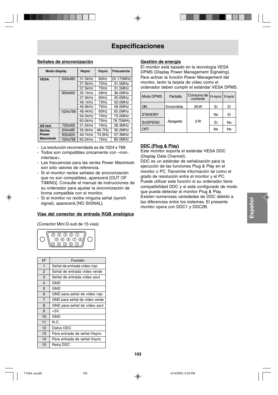 Especificaciones | Sharp LL-T15A4 User Manual | Page 103 / 108