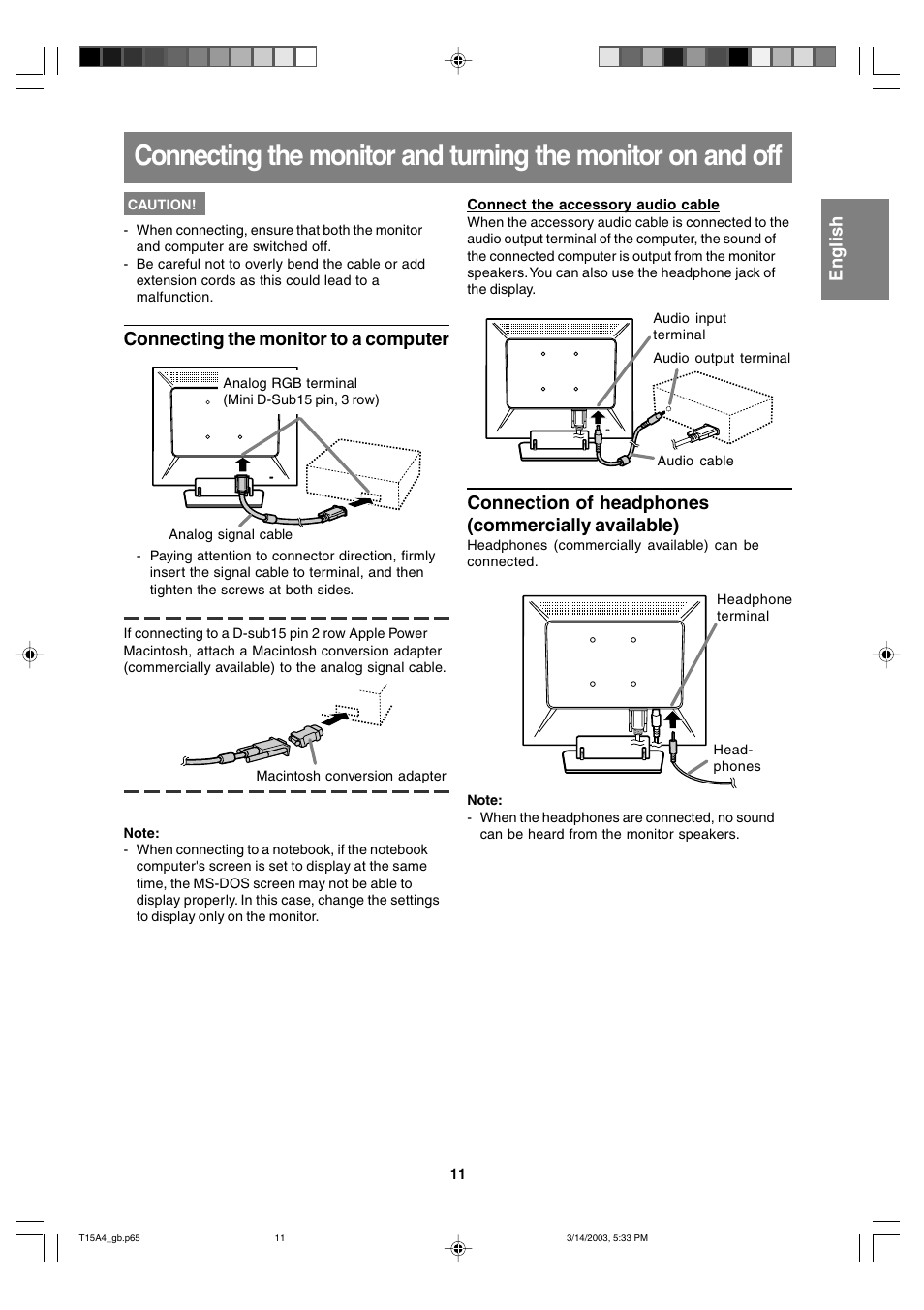 Connecting the monitor to a computer, Connection of headphones (commercially available) | Sharp LL-T15A4 User Manual | Page 11 / 108