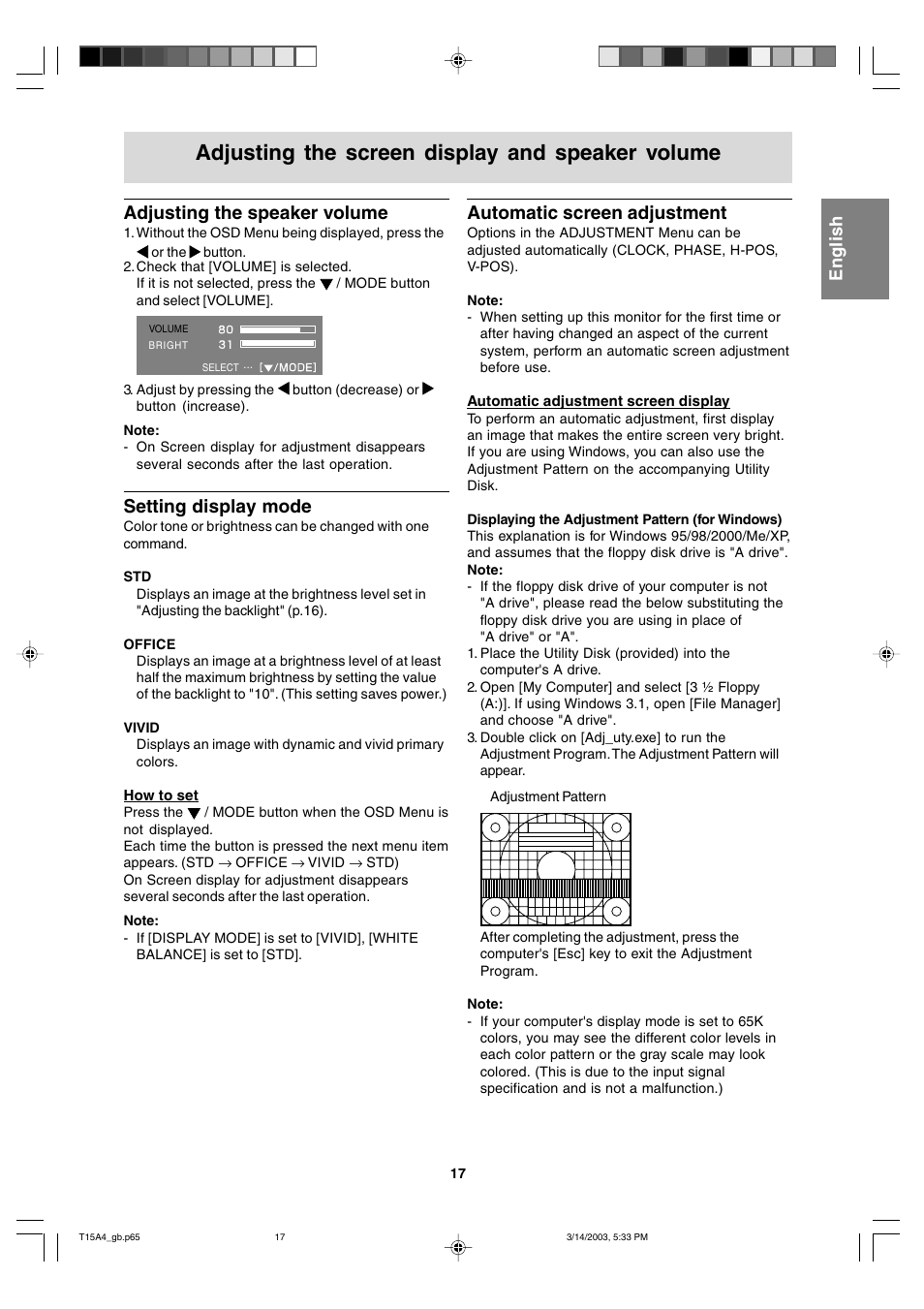 Adjusting the screen display and speaker volume, Adjusting the speaker volume, Setting display mode | Automatic screen adjustment | Sharp LL-T15A4 User Manual | Page 17 / 108