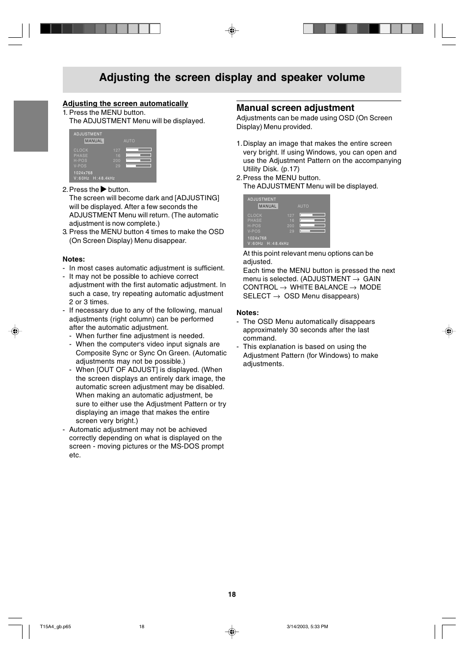 Adjusting the screen display and speaker volume, Manual screen adjustment | Sharp LL-T15A4 User Manual | Page 18 / 108
