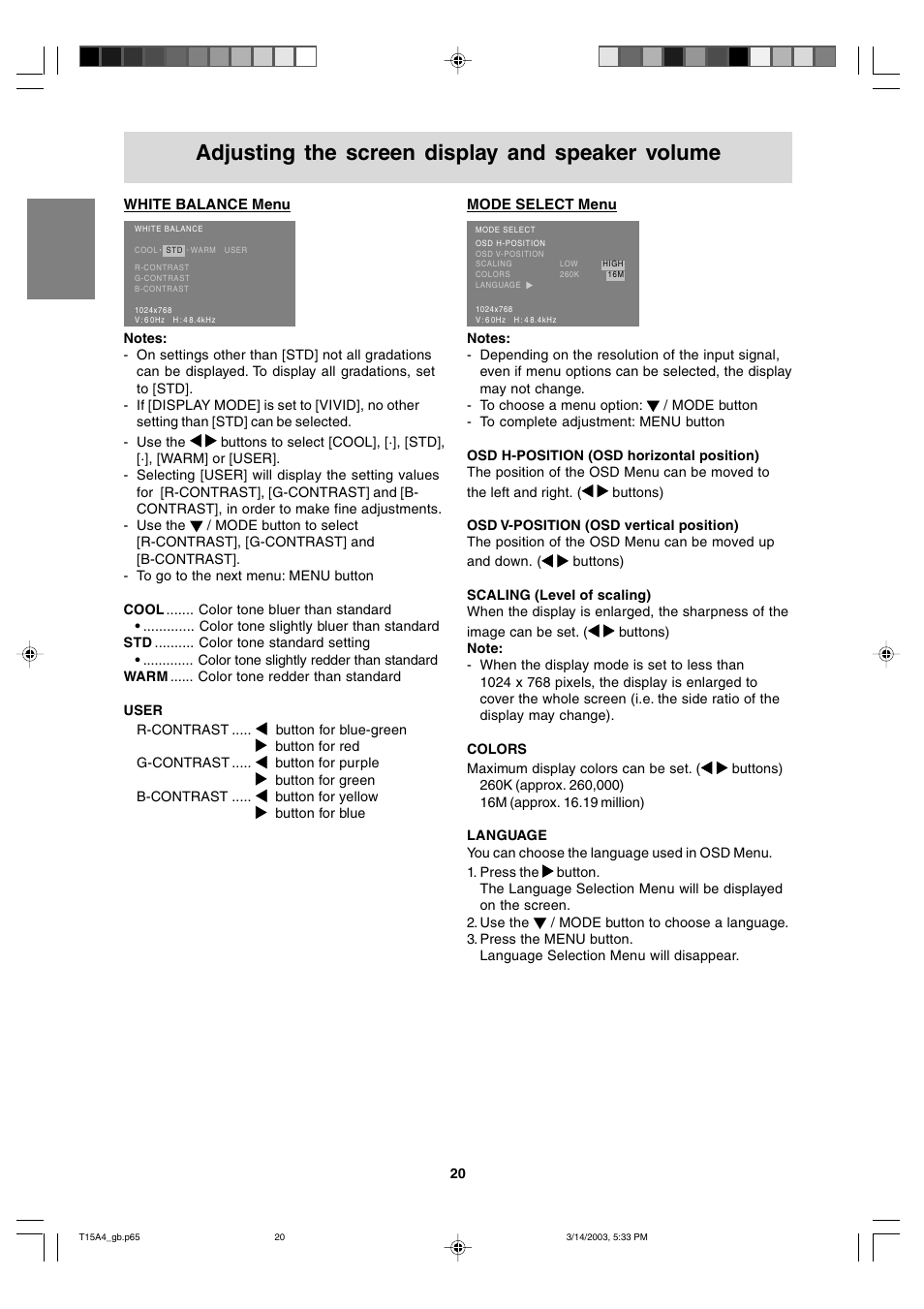 Adjusting the screen display and speaker volume | Sharp LL-T15A4 User Manual | Page 20 / 108