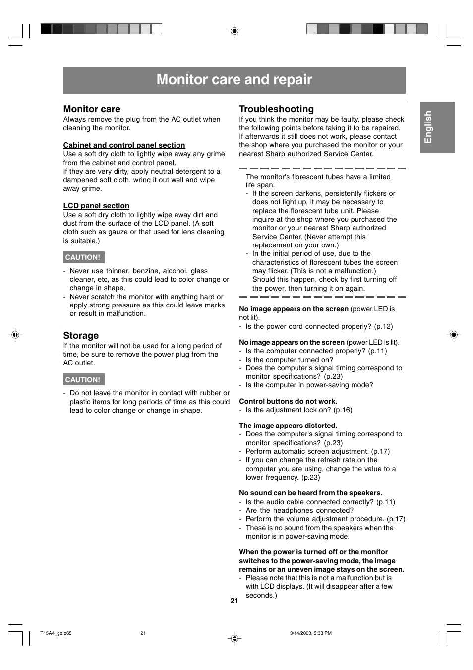 Monitor care and repair, Monitor care, Storage | Troubleshooting | Sharp LL-T15A4 User Manual | Page 21 / 108