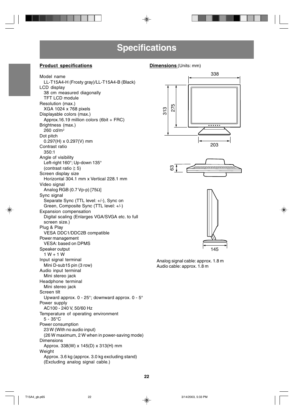 Specifications | Sharp LL-T15A4 User Manual | Page 22 / 108