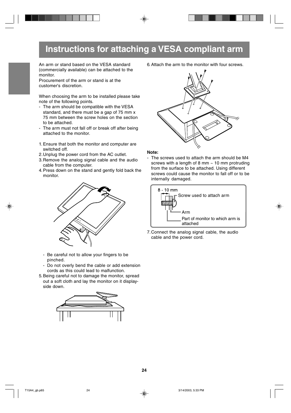 Instructions for attaching a vesa compliant arm | Sharp LL-T15A4 User Manual | Page 24 / 108