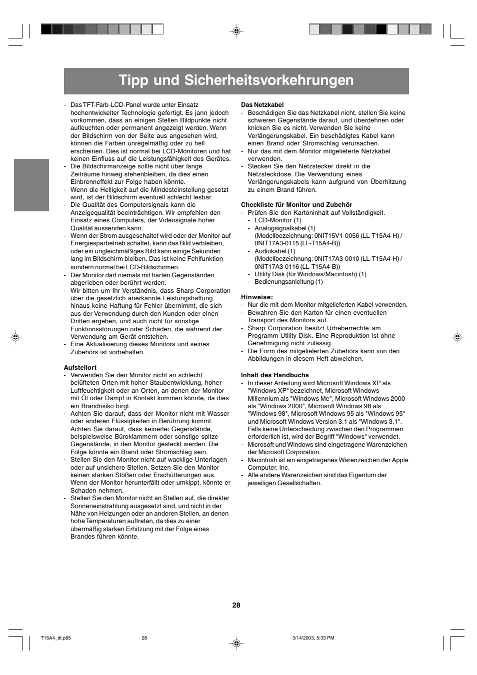 Tipp und sicherheitsvorkehrungen | Sharp LL-T15A4 User Manual | Page 28 / 108