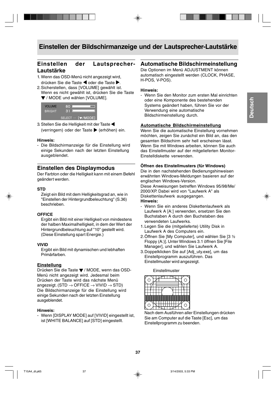Einstellen der lautsprecher- lautstärke, Einstellen des displaymodus, Automatische bildschirmeinstellung | Sharp LL-T15A4 User Manual | Page 37 / 108