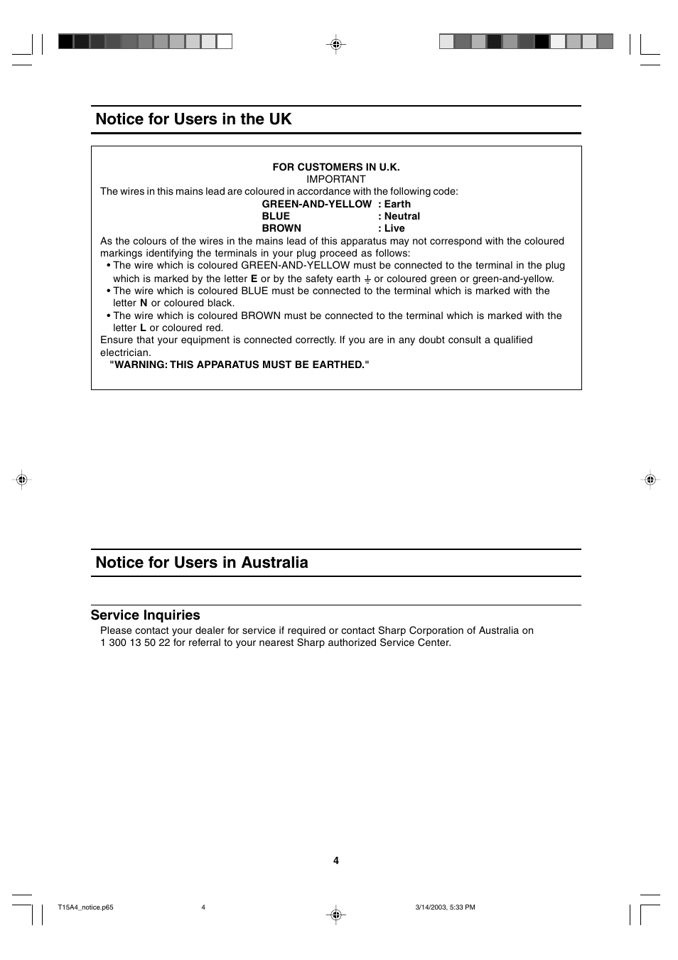 Notice for users in the uk, Notice for users in australia, Service inquiries | Sharp LL-T15A4 User Manual | Page 4 / 108