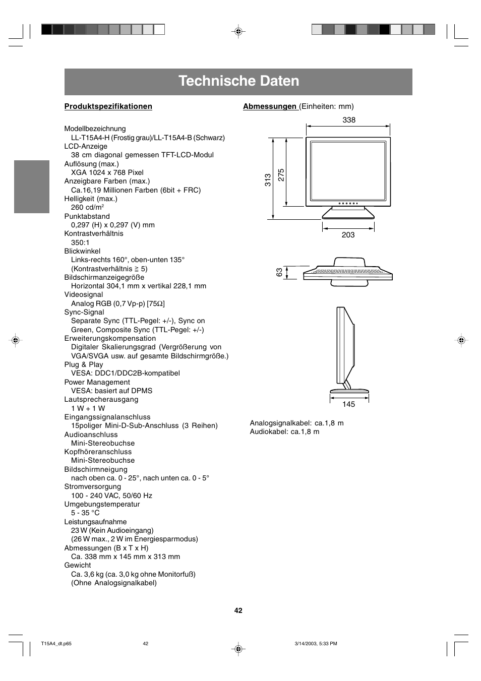 Technische daten | Sharp LL-T15A4 User Manual | Page 42 / 108