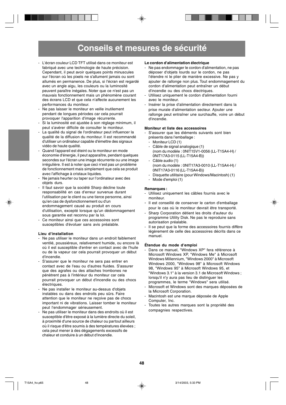 Conseils et mesures de sécurité | Sharp LL-T15A4 User Manual | Page 48 / 108