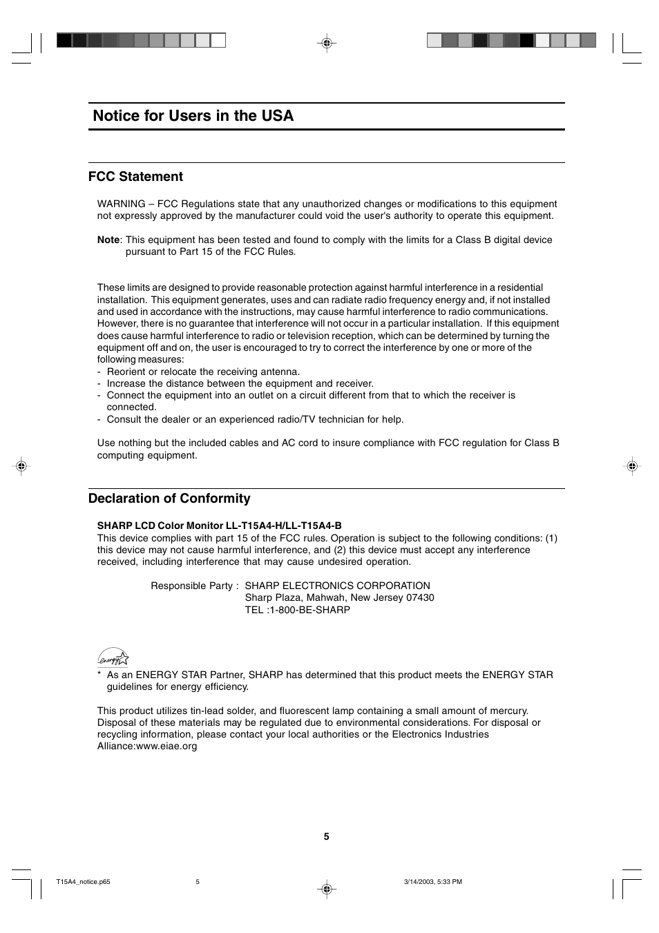 Notice for users in the usa, Fcc statement, Declaration of conformity | Sharp LL-T15A4 User Manual | Page 5 / 108