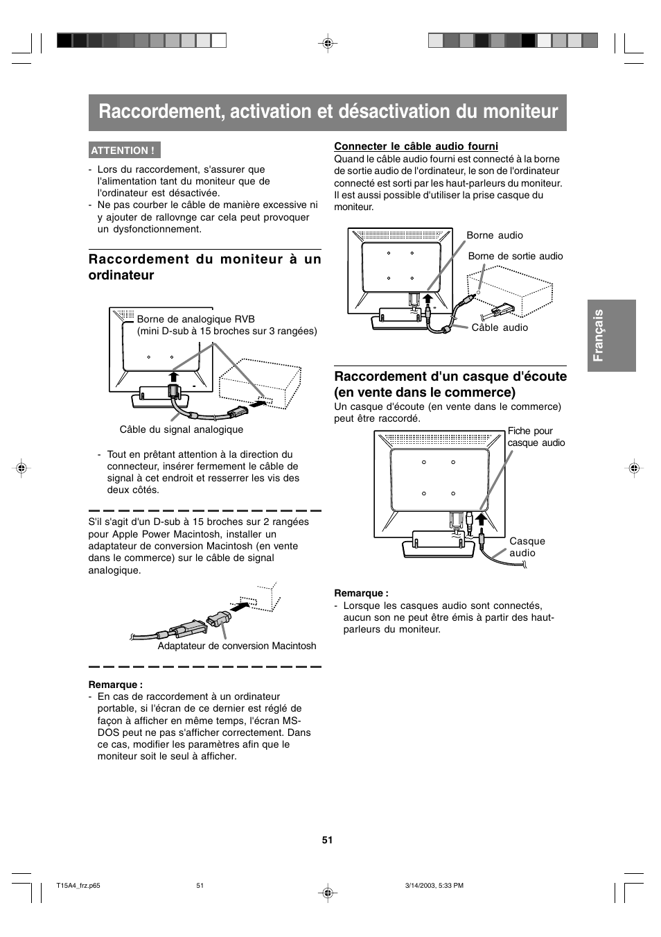Raccordement du moniteur à un ordinateur | Sharp LL-T15A4 User Manual | Page 51 / 108