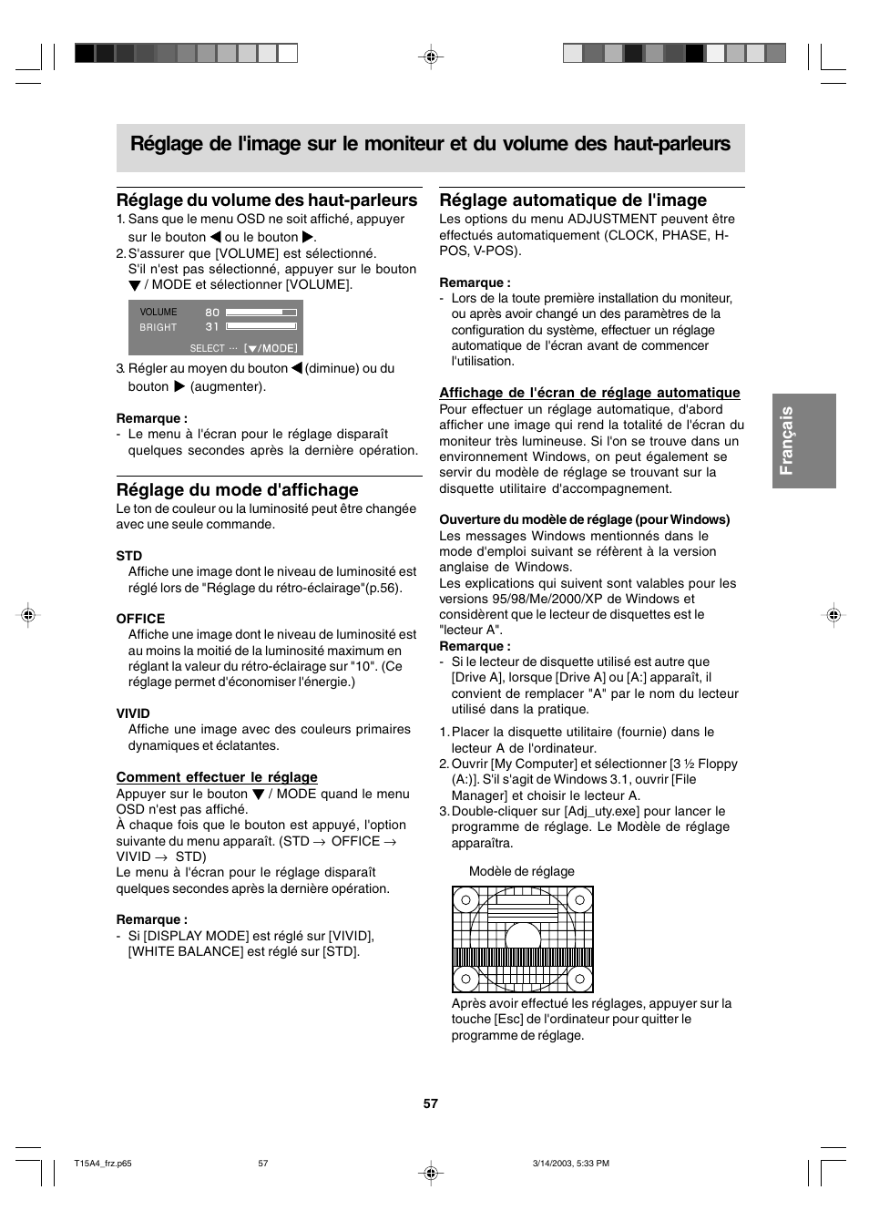 Réglage du volume des haut-parleurs, Réglage du mode d'affichage, Réglage automatique de l'image | Sharp LL-T15A4 User Manual | Page 57 / 108